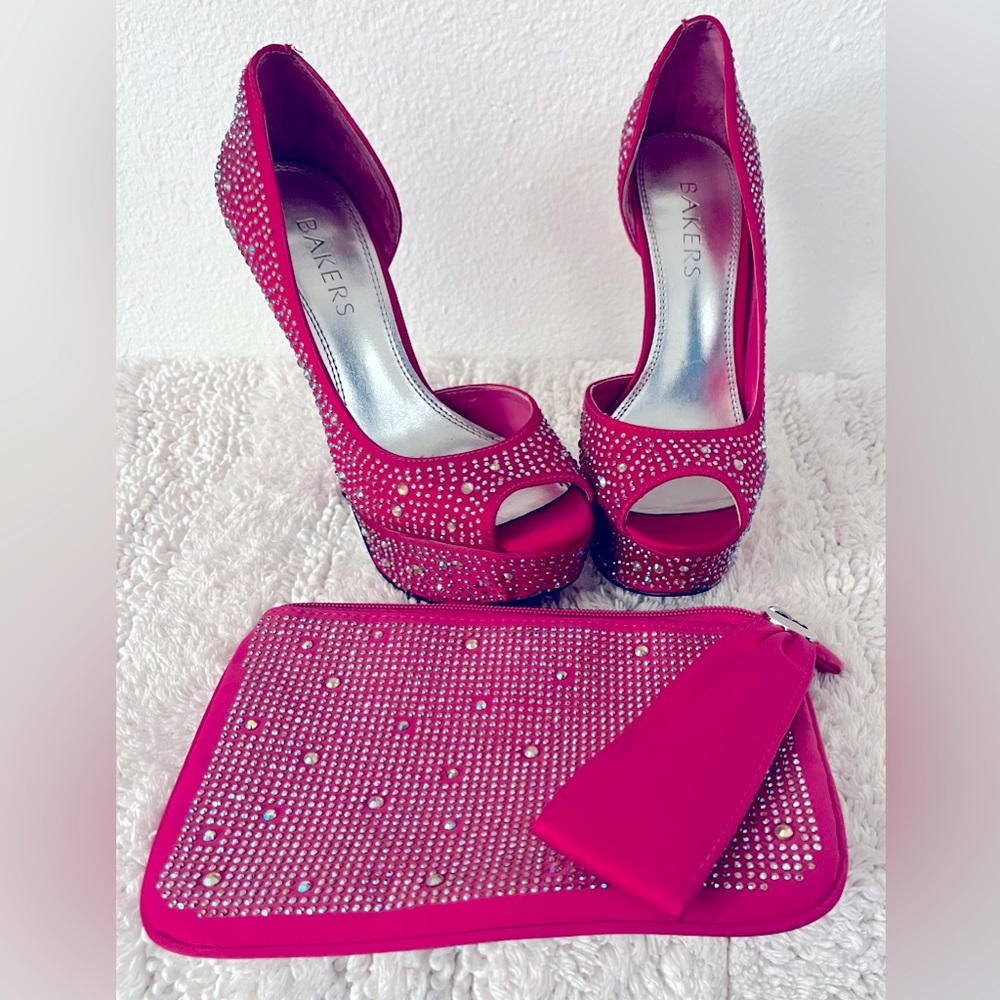 Hot Pink rhinestone platform stilettos.
